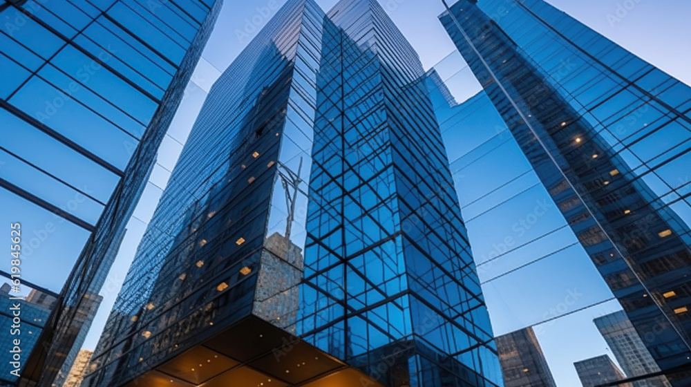 Obraz premium From below of entrance of office building next to contemporary high rise structures with glass mirrored walls and illuminated lights in city against cloudless blue sky. Generative AI