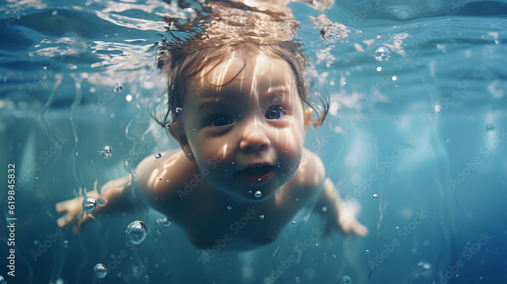 Baby swimming in the pool, under water photography, child activity in the water.