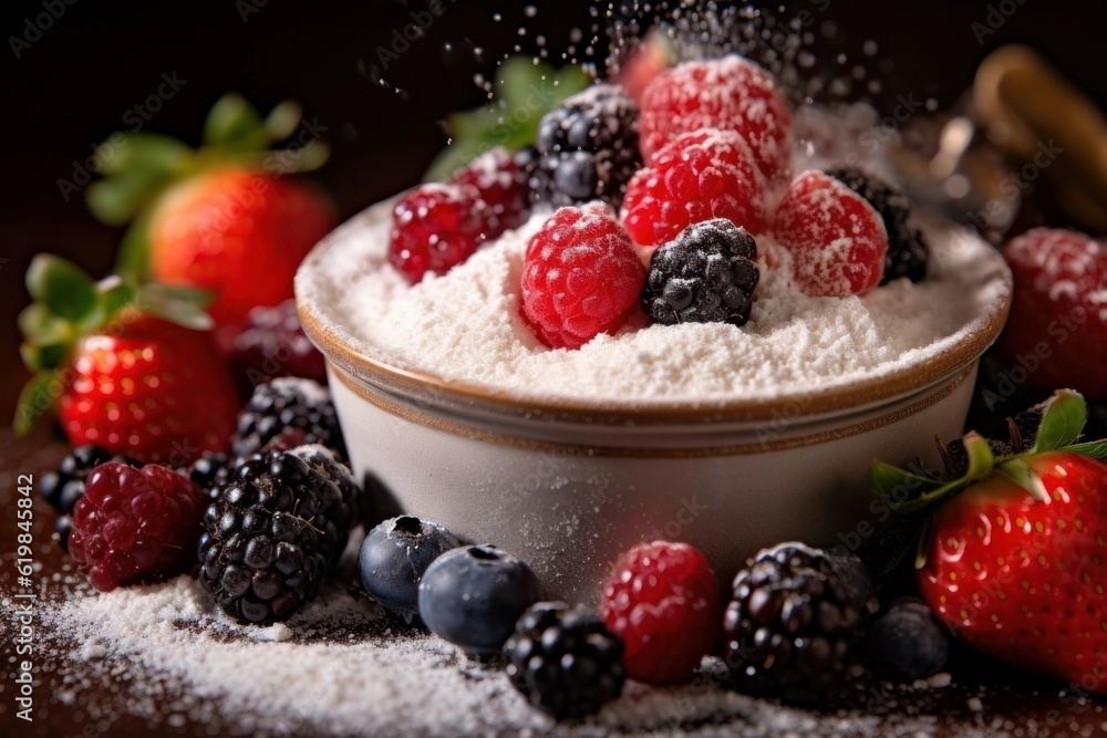 Zuppa Inglese surrounded by fresh berries and powdered sugar dusted on the table Zuppa Inglese surrounded by fresh berries and powdered sugar dusted on the table