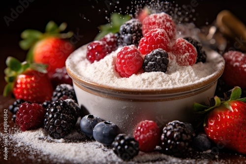 Zuppa Inglese surrounded by fresh berries and powdered sugar dusted on the table