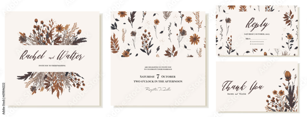 Templates for square wedding invitations with an autumn bouquet. Brown, gold branches and leaves, pampas grass, dry grass. Boho and rustic wedding. Vector - obrazy, fototapety, plakaty 
