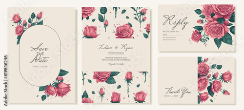 Wedding invitation and thank you card templates with watercolour roses. Elegant and rustic wedding style. Vector