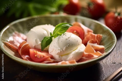 Burrata with Prosciutto and a side of fresh basil leaves and cherry tomatoes