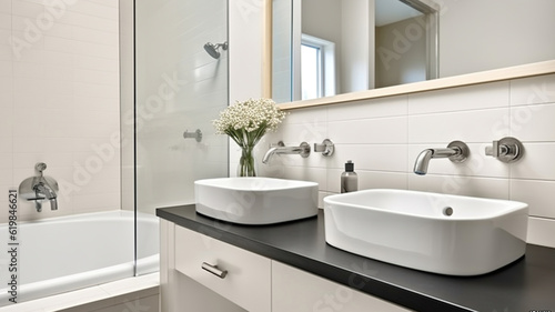 White Walls  Bathtub  and Mirror Converge in a Calming Interior Sink Space. Generative AI