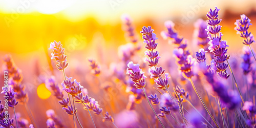 Yellow and Purple Blooming Organic Eco Sustainable Lavender in Field at Sunset Sunrise in Provence, France, Close up