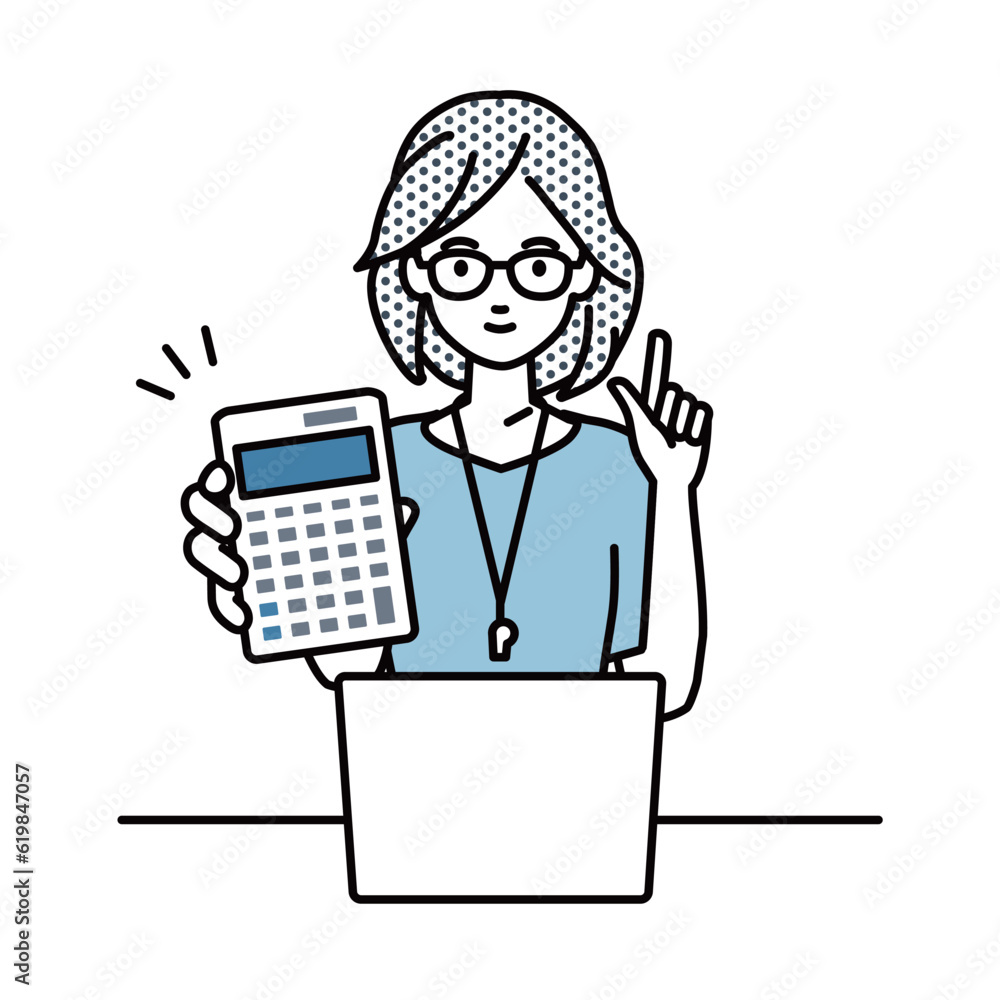 a woman teacher recommending, proposing, showing estimates and pointing a calculator with a smile in front of laptop pc