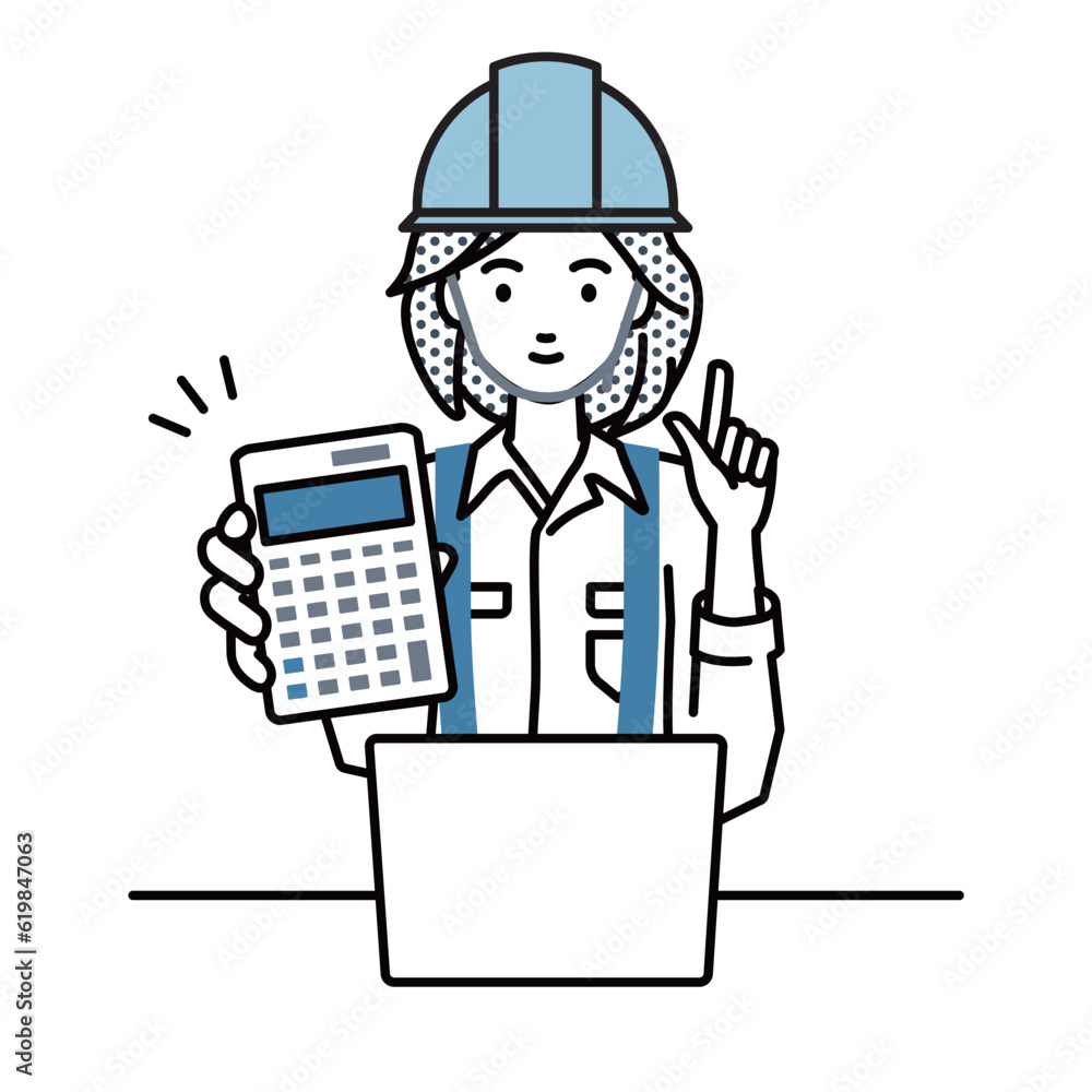 a woman working at construction sites recommending, proposing, showing estimates and pointing a calculator with a smile in front of laptop pc a woman working at construction sites recommending, proposing, showing estimates and pointing a calculator with a smile in front of laptop pc