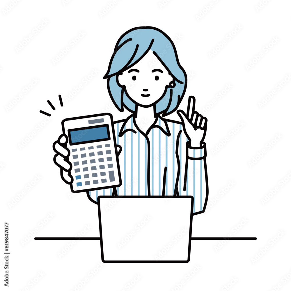a woman in shirt work style recommending, proposing, showing estimates and pointing a calculator with a smile in front of laptop pc a woman in shirt work style recommending, proposing, showing estimates and pointing a calculator with a smile in front of laptop pc