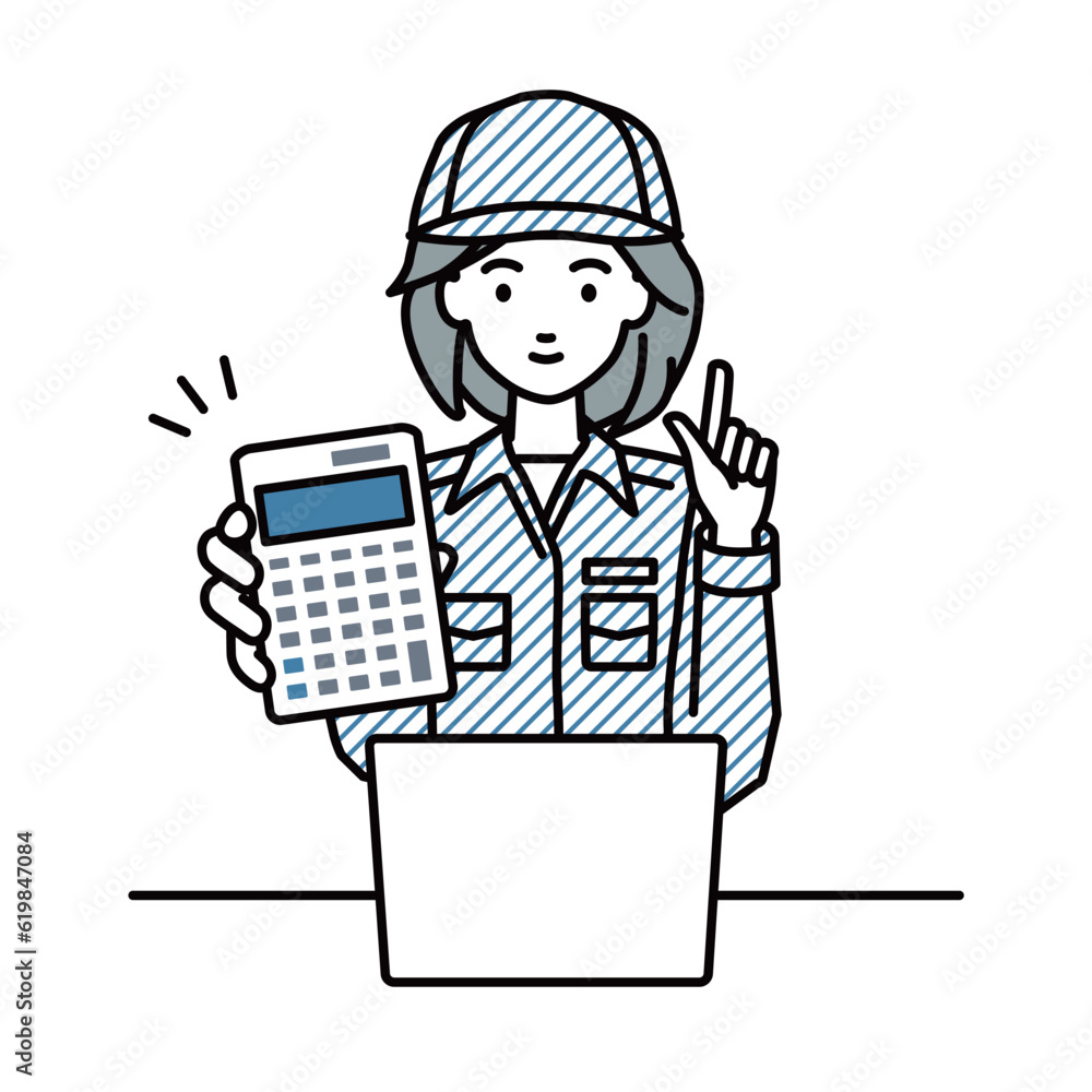 a blue-collar worker woman recommending, proposing, showing estimates and pointing a calculator with a smile in front of laptop pc