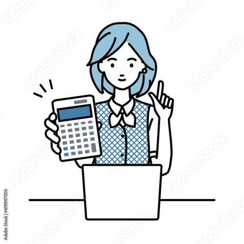 a woman in clerical uniform recommending, proposing, showing estimates and pointing a calculator with a smile in front of laptop pc