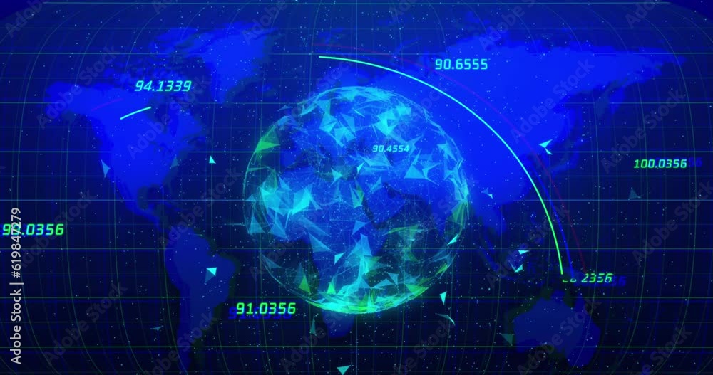 Animation of globe of plexus networks spinning over world map against blue background Animation of globe of plexus networks spinning over world map against blue background