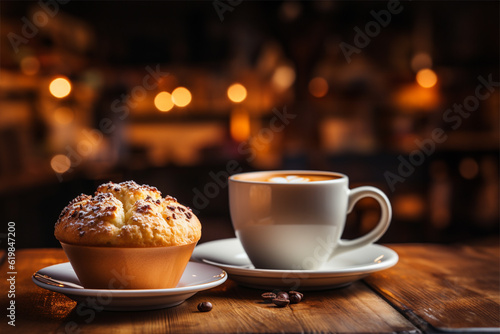 coffee latte served with a muffin with blurred restaurant background generative AI
