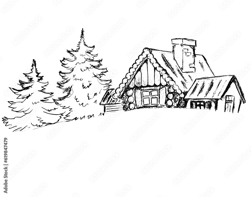 Landscape with Christmas trees and a house
