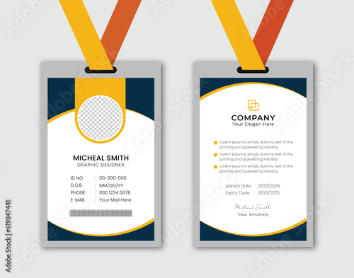 Corporate Modern and simple business office id card design. Modern and minimalist id card template.
Clean and simple corporate company employee id card design.