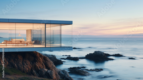 A modern  minimalist glass house set against a backdrop of a picturesque coastline  with waves crashing