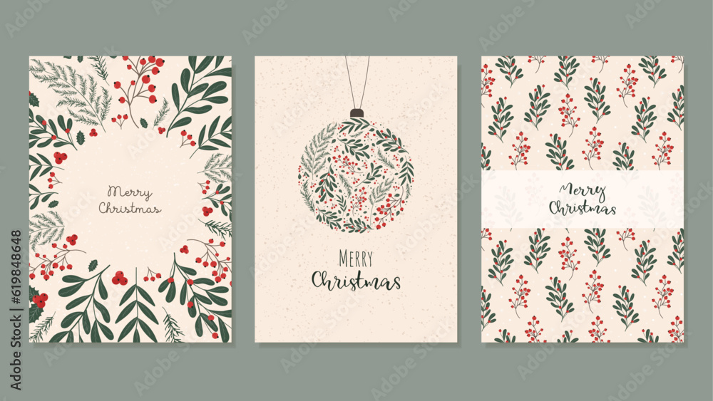 Set of Christmas cards with Christmas branches and red berries. Vector