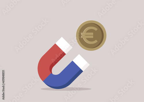 A Euro metal coin attracted by a horseshoe blue and red magnet