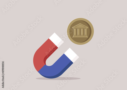 A metal coin attracted by a horseshoe blue and red magnet
