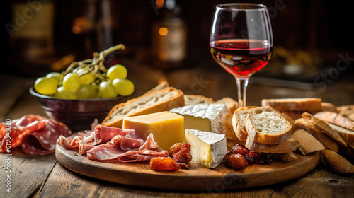 Delightful Delicacies  A Platter of Meat and Cheese with a Wine Glass on a Rustic Wooden Table. Generative AI