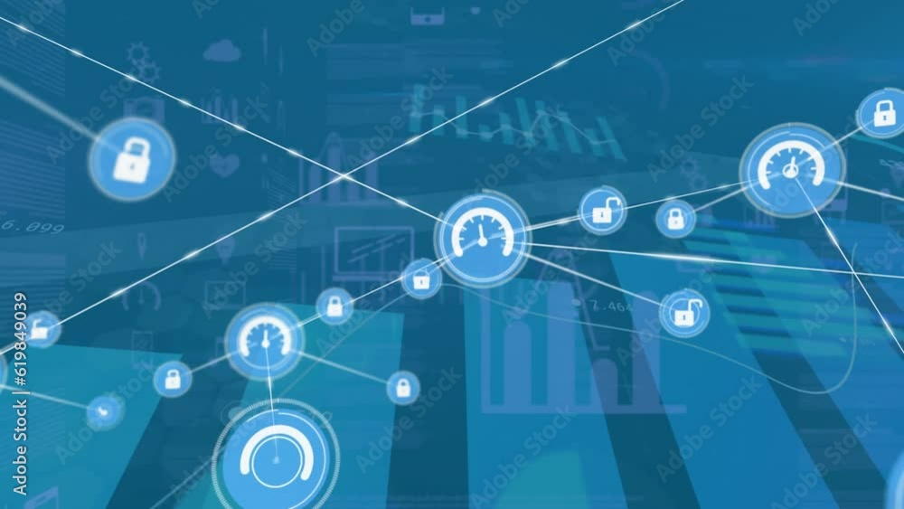 Animation of network of digital icons over statistical data processing against blue background Animation of network of digital icons over statistical data processing against blue background