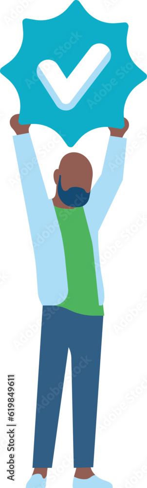 Man raising blue check sign. Guy holding verified symbol Man raising blue check sign. Guy holding verified symbol