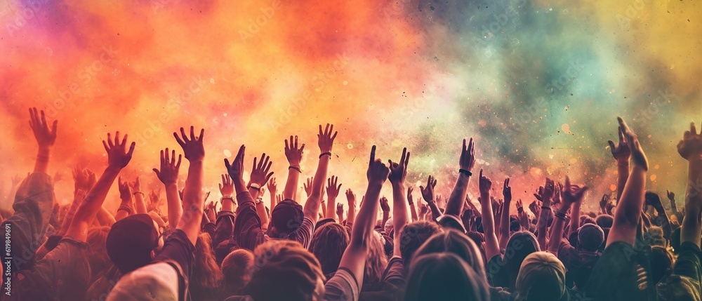 Cheering crowd with hands in air at music festival in front of musical ...