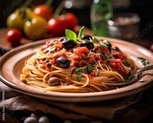 Spaghetti alla Puttanesca with tomatoes, capers, olives, and anchovies on a plate