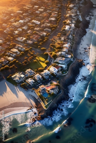 Camps Bay's Architectural Marvel Aerial Photo of Cape Town's Oasis with Glorious Lighting and Stunning Views! Created using generative AI