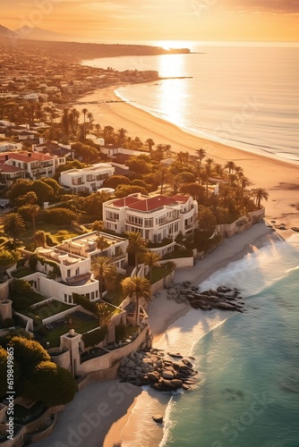 Camps Bay, Cape Town Aerial Photo of Sunny Paradise with Beautiful Lighting and Stunning Architecture! Created using generative AI