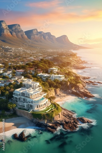 Spectacular Camps Bay, Cape Town Aerial View of Sun-Kissed Bliss, Beautiful Lighting, and Architectural Grandeur! Created using generative AI