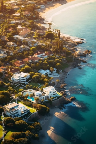 Sunshine and Serenity Aerial Photo Showcasing Camps Bay, Cape Town's Beauty with Stunning Lighting and Architecture! Created using generative AI