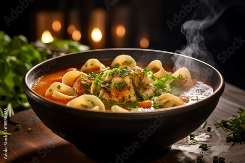 steaming bowl of Cappelletti in brodo soup, garnished with fresh herbs