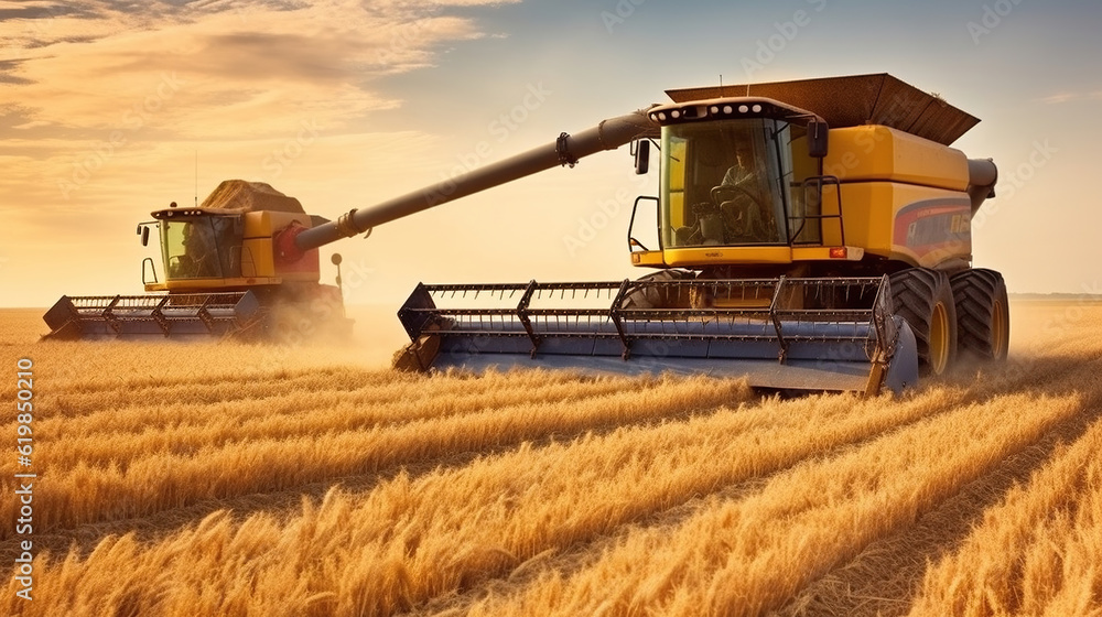 Fototapeta premium Combine harvesting wheat. Generative AI