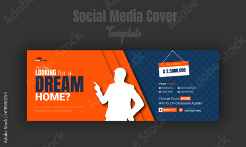 Corporate abstract and modern dream home for sale social media post, web banner design template, real estate company property promotion timeline cover with orange shape and dark blue background