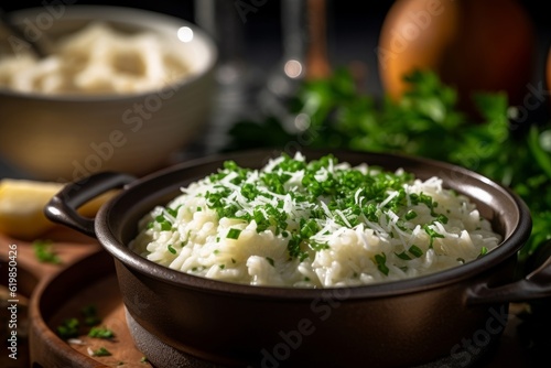 Risi e Bisi with freshly grated Parmesan cheese and a garnish of parsley photo