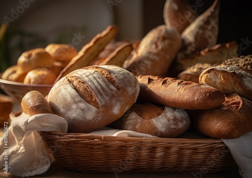 ciabatta loaf next to a basket of other assorted artisan breads on a bakery counter