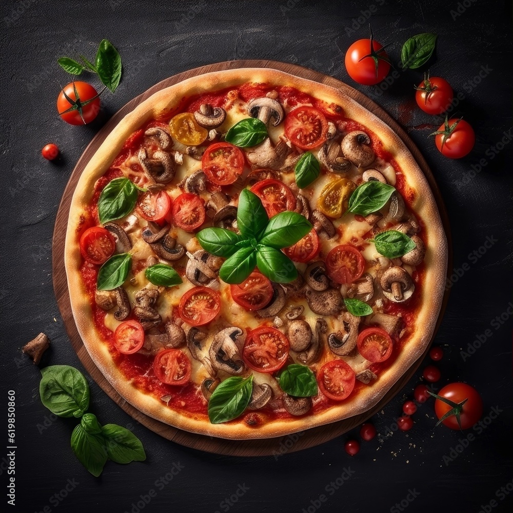 Pizza Capricciosa surrounded by fresh ingredients like tomatoes, basil, and mushrooms
