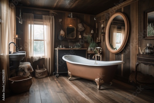 Interior design of Bathroom in Rustic style with Clawfoot Bathtub decorated with Wood Plank Walls  Stone Tile material. Rustic architecture. Generative AI