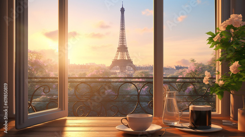 a cup on a table with Eiffel Tower view Generative AI
