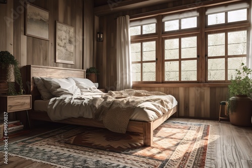 A cozy and rustic cabin-style hotel room nestled in a picturesque mountain landscape.Generated AI © Create image
