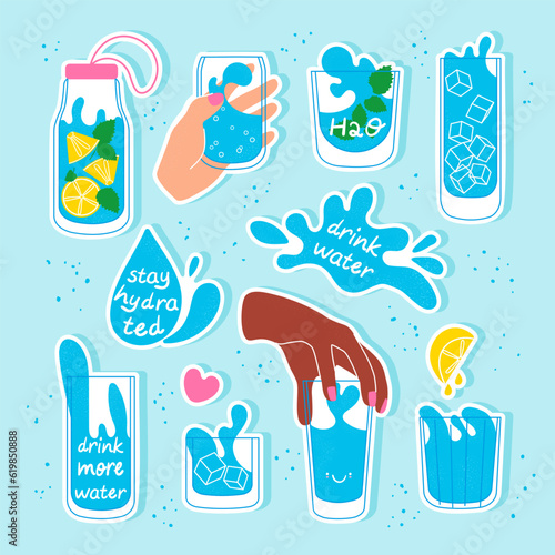Drink more water stickers set. Bottle and glasses of drinking water with lemon, mint and ice cubes. Stay hydrated concept. Vector illustration isolated on blue background