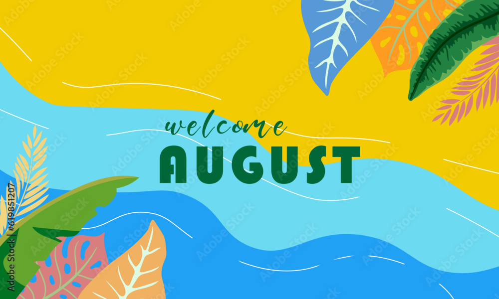 hello august.welcome august vector background. suitable for card, banner, or poster - obrazy, fototapety, plakaty 