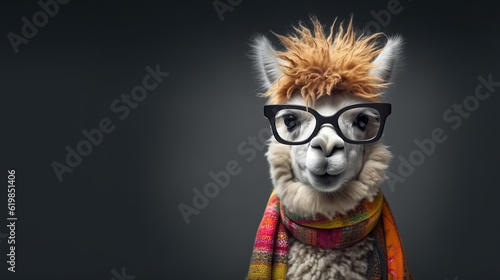 Portrait of cute lama alpaca in trendy transparent glasses and neckerchief , isolated on grey background with copy space © lena.livaya
