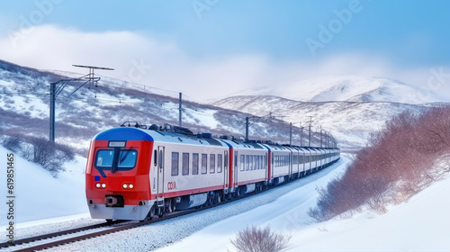 Red Diesel Train Glides through a Snowy Railway Platform in Exhilarating Motion. Generative AI