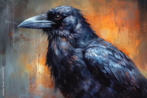Painting of a black raven against blurred background.