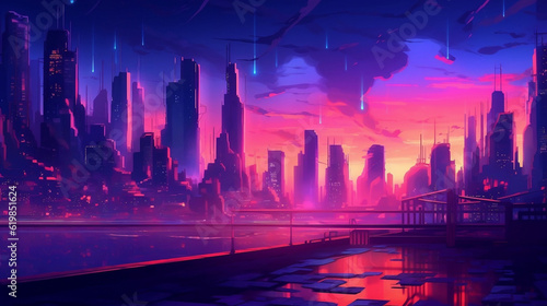 AI  purple and red view onto futuristic city with a lake