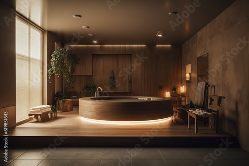 Modern wooden sauna interior with elegant lighting and electric heater. Generated with AI