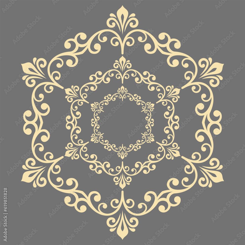 Oriental vector ornament with arabesques and floral elements. Traditional classic ornament. Vintage round and golden pattern with arabesques