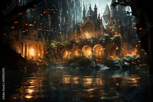 AI, Fantasy fictional city of Elves with beautiful lake