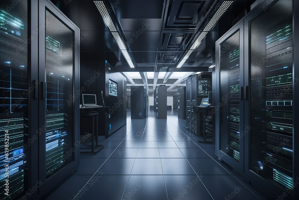 Computers for digital TV, IP communications, and the internet are housed in a network server room. Generative AI Computers for digital TV, IP communications, and the internet are housed in a network server room. Generative AI